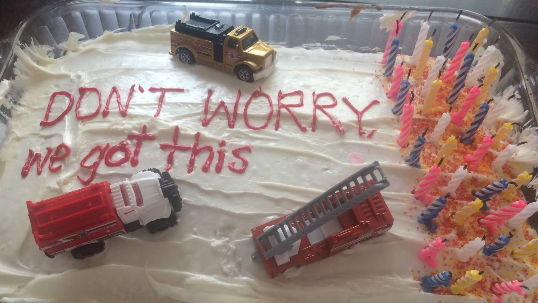 Birthday cake with mini firetrucks meme