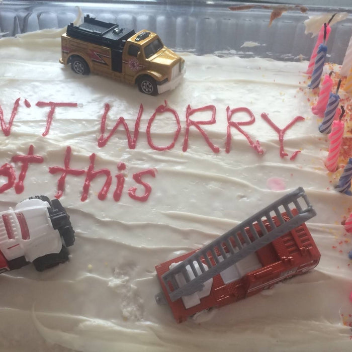 Birthday cake with mini firetrucks meme