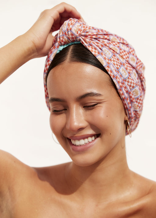 Louvelle | Dahlia Shower Turban XL Orange Palm Check