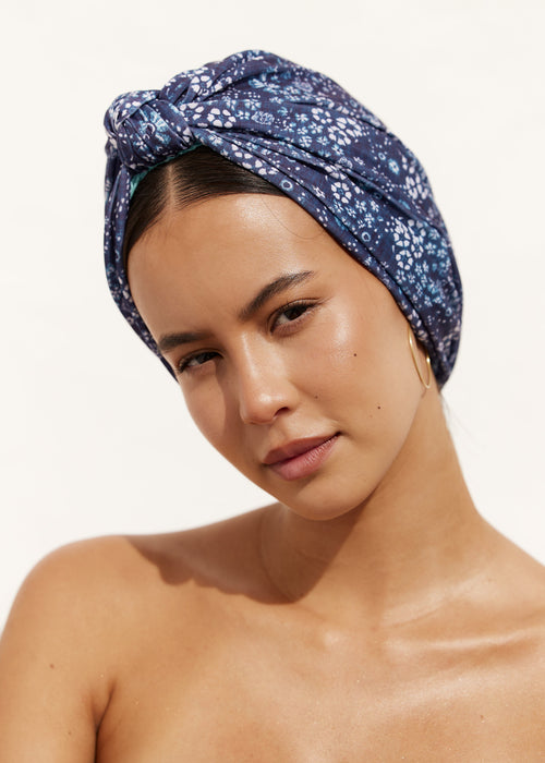 Louvelle | Dahlia Shower Turban Water‑Resistant Indigo Distressed