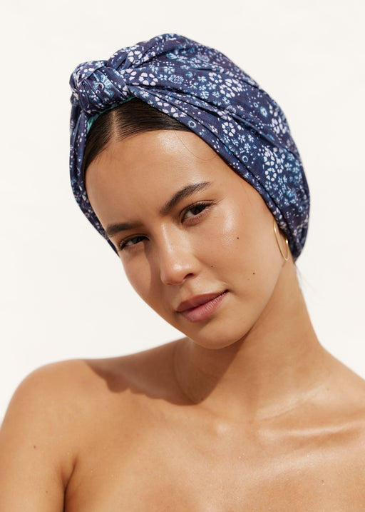 Louvelle | Dahlia Shower Turban Water‑Resistant Indigo Distressed