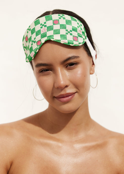 Louvelle | Satin Sleep Set Green Check Eye Mask Bonnet