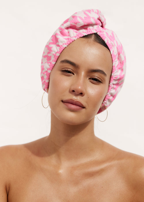 Louvelle | Riva Hair Towel Wrap Microfibre Pink Houndstooth