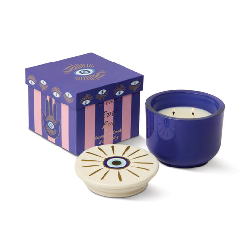 Paddywax | Charmed 8oz/226g Blue Glass Candle with Evil Eye Ceramic - Incense & Smoke