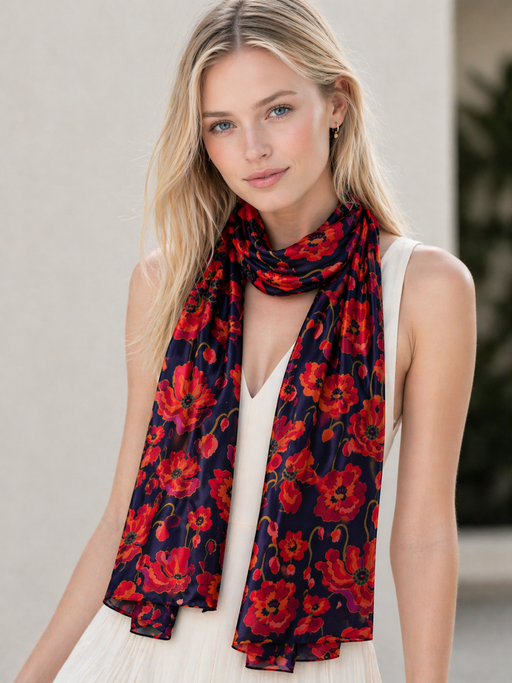 Namaskar | Poppy Bloom Scarf - Merino Wool Silk Wrap Red & Scarlet Poppies on Radiant Black Canvas