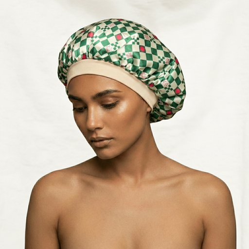 Louvelle | Satin Sleep Set Green Check Eye Mask Bonnet