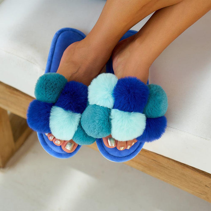 Annabel Trends | Cosy Luxe Pom-Pom Slippers Multi Blue