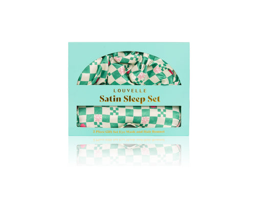 Louvelle | Satin Sleep Set Green Check Eye Mask Bonnet
