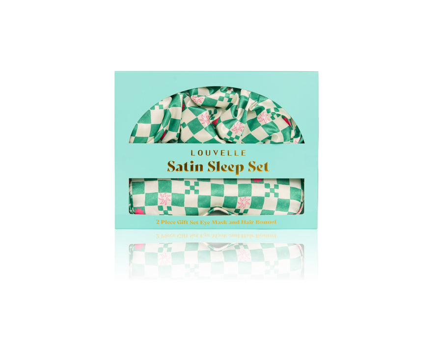 Louvelle | Satin Sleep Set Green Check Eye Mask Bonnet
