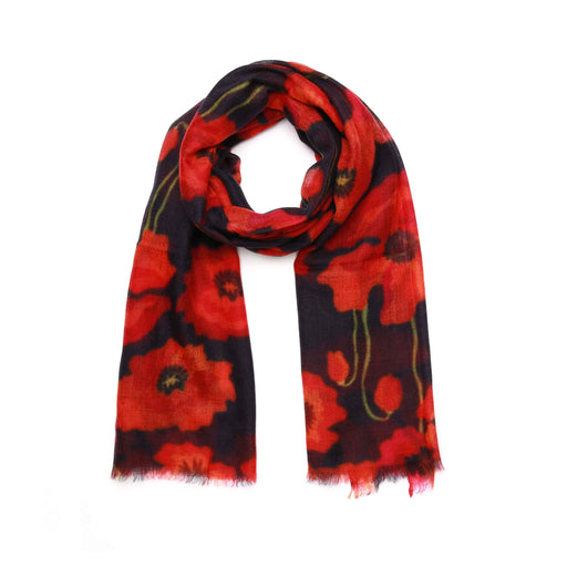 Namaskar | Poppy Bloom Scarf - Merino Wool Silk Wrap Red & Scarlet Poppies on Radiant Black Canvas