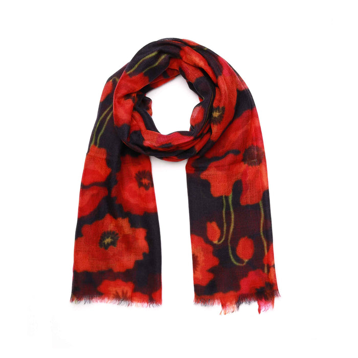 Namaskar | Poppy Bloom Scarf - Merino Wool Silk Wrap Red & Scarlet Poppies on Radiant Black Canvas