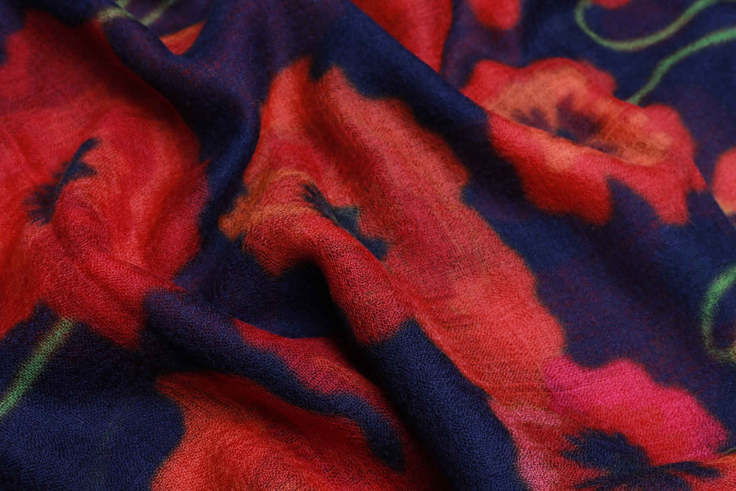 Namaskar | Poppy Bloom Scarf - Merino Wool Silk Wrap Red & Scarlet Poppies on Radiant Black Canvas