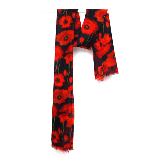 Namaskar | Poppy Bloom Scarf - Merino Wool Silk Wrap Red & Scarlet Poppies on Radiant Black Canvas